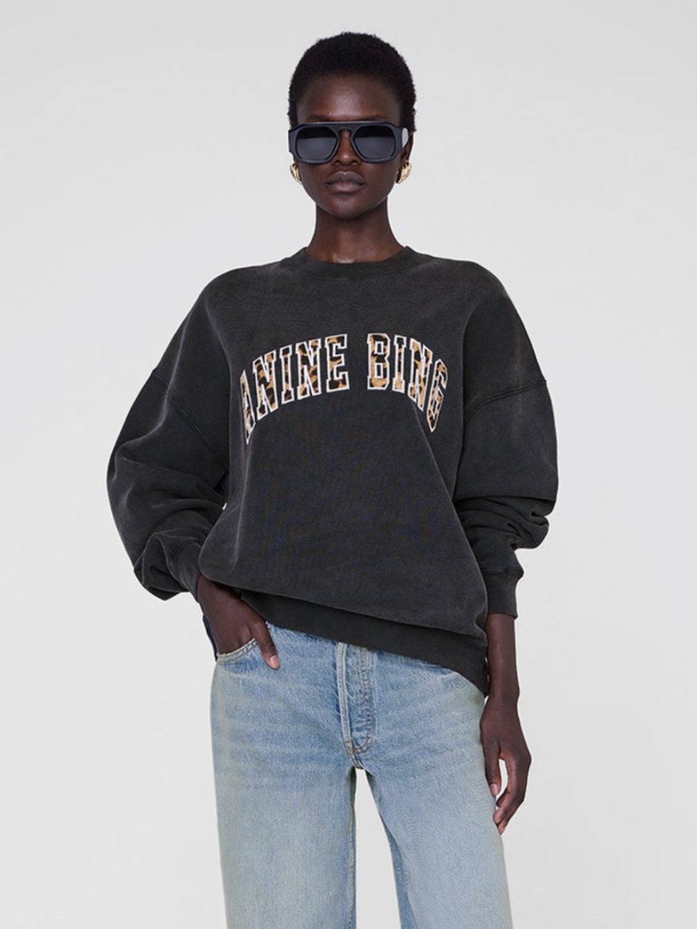 ANINE BING Cheetah Logo Oversized Crewneck Sweatshirt Black L NWT